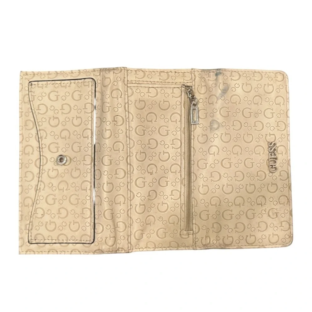 Guess Beige Monogram Clutch Signature Logo Print Designer Evening Bag